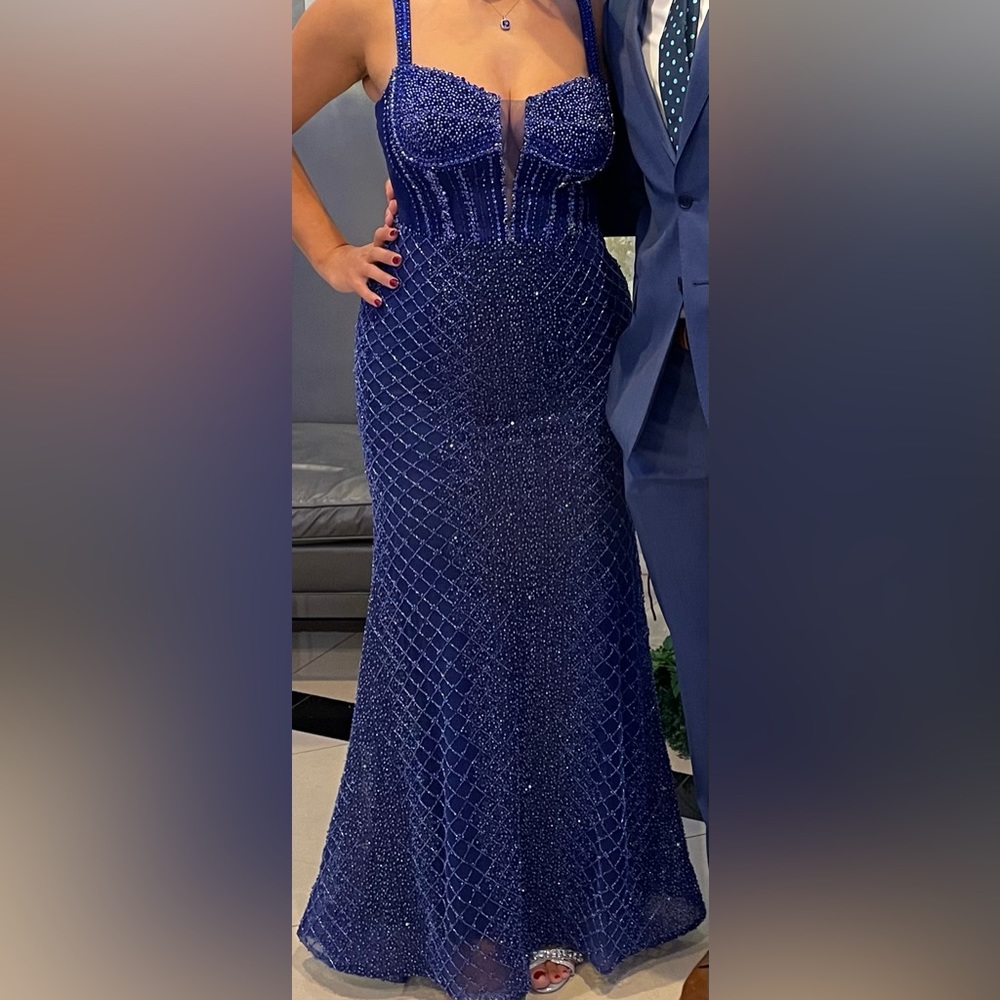 Couture royal blue beaded evening gown